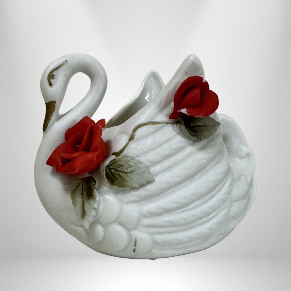 Norcrest japan vintage swan trinket dish white with red roses planter PR-20A